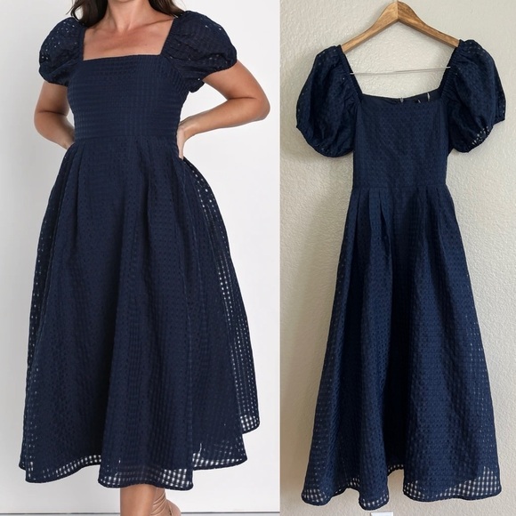 Lulus Dresses & Skirts - NWOT Certain Charisma Navy Blue Textured Puff Sleeve Midi Dress